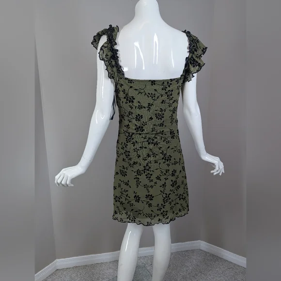 Green Floral Milkmaid Mini Dress Ruffle Tie Front Cottagecore Grunge M Shein - Picture 5 of 7